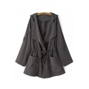 Simple Plain Drawstring Waist Hooded Long Sleeve Tunic Coat
