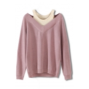 Trendy Layered Color Block Cold Shoulder Long Sleeves Pullover Loose Sweater