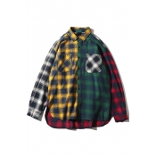 Stylish Patchwork Color Block Checkered Plaids Collared Long Sleeves Button-Down Front-Pocket Over-Sized Shirt