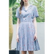 Fashion Floral Striped Print Short Sleeve Button Gathered Waist Shirt Dress