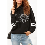Stylish Tribal Sun Moon Pattern Striped Long Sleeves Pullover Hoodie with Pocket