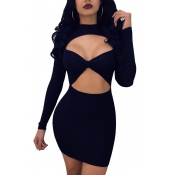 Sexy Cutout Neck & Waist Bow Bandeau Front Long Sleeves Slim-Fit Mini Bodycon Dress