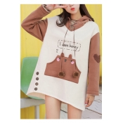 Cute Cartoon Letter Print Color Block Long Sleeve Hooded Pocket Dress with Pom-Pom