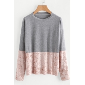 Casual Velvet Patchwork Round Neck Long Sleeves Pullover T-shirt