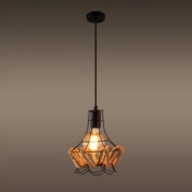 Industrial Rope Pendant Light with Metal Cage, Black