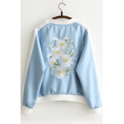 Chic Floral Embroidered Stand-Up Collar Zip Up Long Sleeve Baseball Jacket