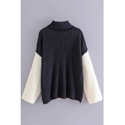 Chic Turtleneck Long Sleeve Color Block Print Pullover Sweater