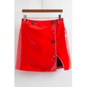 Simple Plain Faux Leather Split Side Button A-Line Mini Skirt