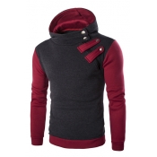 Men's Fashion Zipper-Front Color Block Long Sleeves Pullover Slim-Fit Hoodie with Buttons
