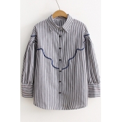 Fancy Striped Pattern Button Down Point Collar Causal Shirt
