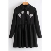 Chic Print Embroidered Lapel Collar Long Sleeve Button Down Mini Smock Dress