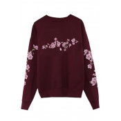 Simple Floral Pattern Long Sleeves Round Neck Pullover Casual Sweatshirt