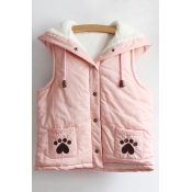 Lovely Paw Printed Button Down Sleeveless Fur Padded Winter Vest with Drawstring & Ears
