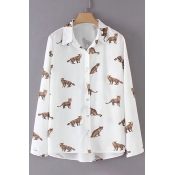 Chic Cat Print Button Down Long Sleeve Lapel Shirt