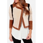 Fashion Color Block Print 3/4 Length Sleeve Zip Up Collarless Jacket