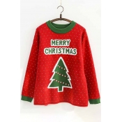 Christmas Tree Polka Dot Print Long Sleeve Round Neck Pullover Sweater