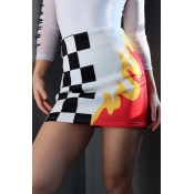 Color Block Plaid Fire Print Zipper A-Line Mini Skirt