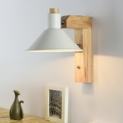 Industrial Wall Sconce with Cone Metal Shade and Wooden Lamp Base