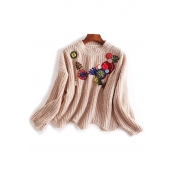 Chic Beaded Embellished Round Neck Long Sleeve Wave Hem Pullover Sweater