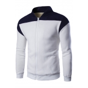 Sportive Color Block Long Sleeves Stand-up Collar Zippered Baseball Jacket