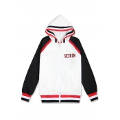 Simple Color Block Letter Pattern Striped Pattern Hooded Zippered Sports Jacket