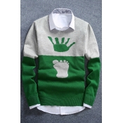 Stylish Color Block Hand Feet Pattern Round Neck Long Sleeves Ribbed Pullover Sweater