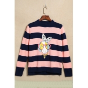 Cute Cartoon Dog Striped Print Round Neck Long Sleeve Pullover Sweater