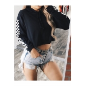 Hot Fashion Gingham Plaids Pattern Long Sleeves Pullover Cropped Loose Hoodie