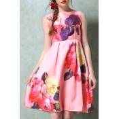 Fashion Floral Print Round Neck Midi A-line Dress