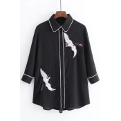 Embroidery Crane Pattern Long Sleeve Button Down Lapel Shirt