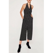 Trendy Halter Polka Dot Wrapped Front Button Detail Jumpsuit