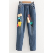 Simple Elastic Waist Geometric Patch Printed Loose Jeans with Pockets