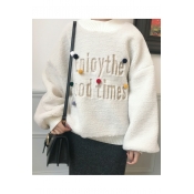 Winter Collection Letter Pattern Crew Neck Long Sleeves Loose Over-Sized Pullover Sweater with Pompoms