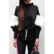 Stylish Faux Fur Patchwork Long Sleeves High Neck Pullover Casual Sweatshirt