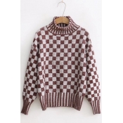 Trendy Checkered Plaids Long Sleeves Mock Neck Pullover Sweater