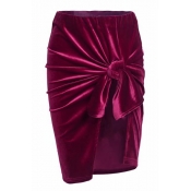 Hot Fashion Simple Plain Tie Front Zip Fly Asymmetric Hem Skirt