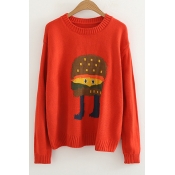 Funny Hamburger Pattern Long Sleeve Round Neck Pullover Sweater