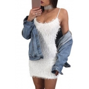Sexy Furry Mohair Plain Scoop Neck Mini Strapped Dress