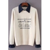 Letter Print Round Neck Long Sleeve Pullover Sweater with Detachable Denim Lapel