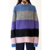 Trendy Color Block Print Long Sleeve Round Neck Pullover Sweater