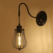 Industrial Wall Sconce with Metal Cage Shade and Gooseneck Fixture Arm in Black