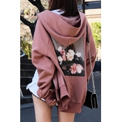New Stylish Graphic Print Long Sleeve Zip Up Hooded Loose Coat
