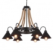 Industrial 37''W Chandelier with Gooseneck Fixture Arm and Metal Shade in Black, 6 Light