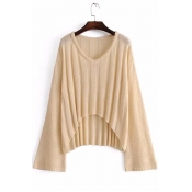 Elegant Long Wide Sleeves V-Neck Dipped Hem Draped Ribbed Knitted Pullover Sweater