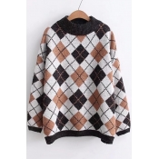 Vintage Plaid Color Block Round Neck Long Sleeve Pullover Sweater