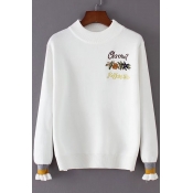 Simple Letter Floral Embroidered Crew Neck Striped Cuffs Long Sleeves Pullover Sweater