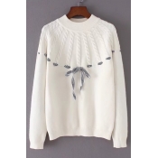 Stylish Cable Knitted Bow Tie Front Round Neck Long Sleeves Pullover Sweater