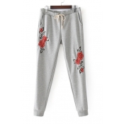 Chic Embroidery Floral Pattern Drawstring Waist Leisure Pants