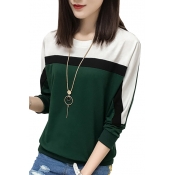 Autumn Fashion Color Block Round Neck Long Sleeves Casual Tee