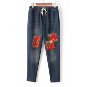 Peasant Style Floral Applique Drawstring Waist Loose Dark Wash Denim Jeans
